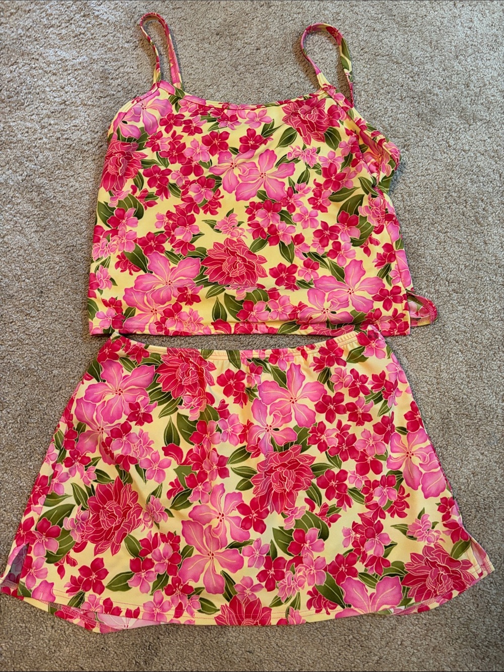 L.L. Bean hibiscus Floral Pink Yellow Two-Piece Tankini Set 10  swim skort tank